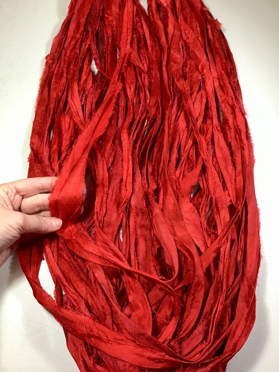 10 Yards Sari Silk Ribbon Bright Red Holiday Red Dreamcatcher Jewelry  Tassel Free Shipping Fair Trade Craft Ribbon Fiber Art Supply 