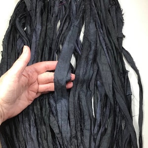 10 yd Sari Silk Ribbon Black Tassel Dreamcatcher Boho Junk Journal Goth Fiber Beads Free Shipping Jewelry Fair Trade Fiber Art Supply