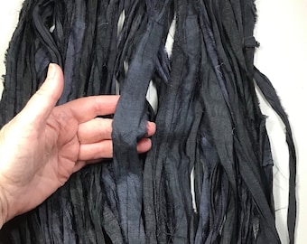 10 yd Sari Silk Ribbon Black Tassel Dreamcatcher Boho Junk Journal Goth Fiber Beads Free Shipping Jewelry Fair Trade Fiber Art Supply
