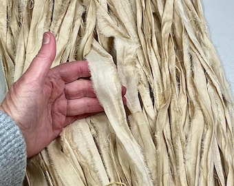 10 yard Sari Ribbon Pale Warm Tan Tassel Boho Junk Journal Dreamcatcher Jewelry  Art Eco Gift Wrap Fair Trade Fiber Art  Supply