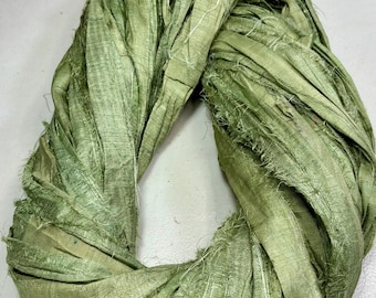 Recycled Sari Ribbon Sage Green Shabby Chic Green Tassel Supply Jewelry Fair Trade Felt Fiber Art Supply