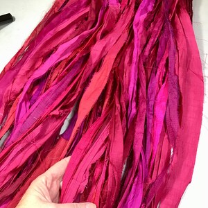 Recycled Sari Silk Ribbon Pinks and Berry Tassels Dreamcatcher Journal Craft Ribbon Jewelry Garland Fair Trade Fiber Art Felt Supply image 8