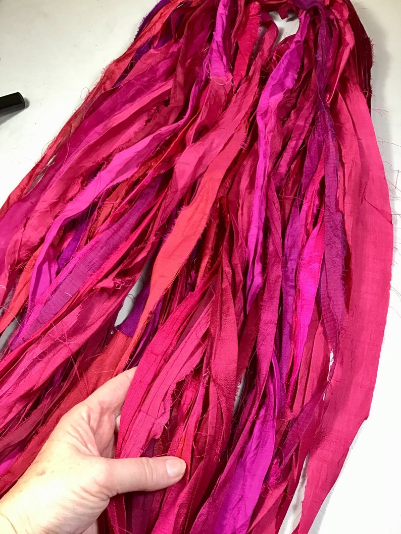 Recycled Sari Silk Ribbon Pinks and Berry Tassels Dreamcatcher Journal Craft Ribbon Jewelry Garland Fair Trade Fiber Art Felt Supply image 8