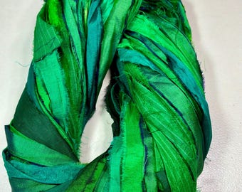 Sari Ribbon 130 Greens Tassel Boho Junk Journal Fiber Supply Dreamcatcher Jewelry Fair Trade Fiber Art