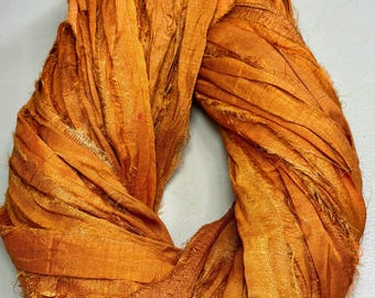 Recycled Sari Ribbon Rustic Burnt Orange Tassel Jewelry Boho Junk Journal Dreamcatcher Fair Trade Weave Fiber Art Supply