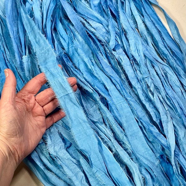 10 yd  Recycled Sari Ribbon Bright Blue Light Blue Jewelry Boho Junk  Journal Tassel Dreamcatcher Free Shipping Fair Trade Fiber Art Supply