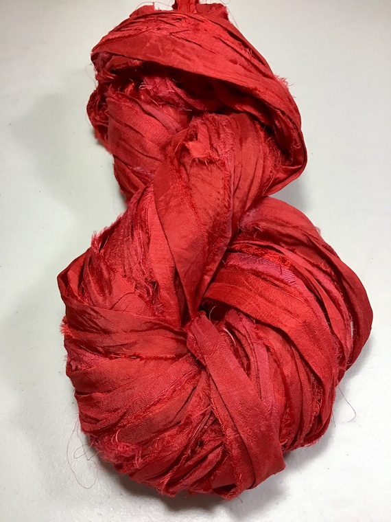 Recycled Sari Silk Ribbon Bright Red Tassel Dreamcatcher Holiday Free Shipping Garland Jewelry Fair Trade Weave Fiber Art Supply