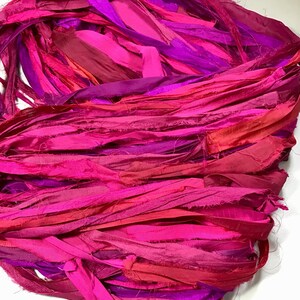 Recycled Sari Silk Ribbon Pinks and Berry Tassels Dreamcatcher Journal Craft Ribbon Jewelry Garland Fair Trade Fiber Art Felt Supply image 4