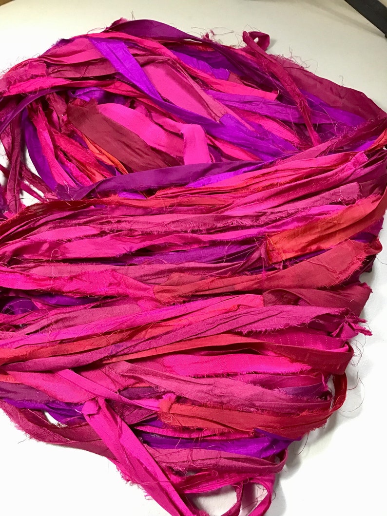 Recycled Sari Silk Ribbon Pinks and Berry Tassels Dreamcatcher Journal Craft Ribbon Jewelry Garland Fair Trade Fiber Art Felt Supply image 4