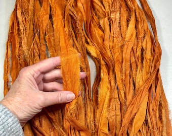 10 yd Recycled Sari Ribbon Rustic Burnt Orange Tassel Boho Junk Journal Fabric Beads Dreamcatcher  Jewelry Fiber Art