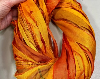 Lovely Recycled Sari Ribbon Iridescent Orange Shades Tassel Jewelry Boho Junk Journal Dreamcatcher Fair Trade Weave Fiber Art Supply