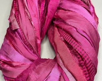 Lovely Quality Sari Ribbon Pink Shades Tassels Dreamcatcher  Junk Journal Jewelry Garland Fair Trade Fiber Art Felt Supply