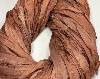 Recycled Sari Ribbon Walnut Brown Tassel Boho Junk Journal Dreamcatcher Jewelry Eco Gift Wrap Fair Trade Fiber Art  Supply