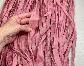 10 yd Recycled Sari Silk Ribbon Pinky Mauve Tassel Shabby Chic Free Shipping Junk Journal Dreamcatcher Fiber Art Supply