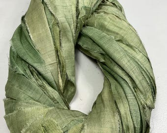 Recycled Sari Ribbon Sage Green Shabby Chic Green Tassel Supply Jewelry Fair Trade Felt Fiber Art Supply