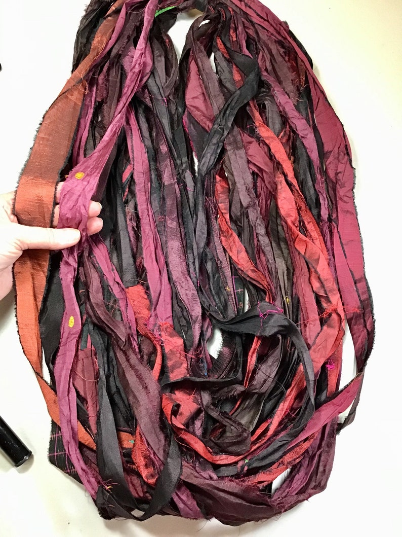 10 yd Sari Silk Ribbon Rustic Burgundy Brown Mix Tassel Dreamcatcher Free Shipping Jewelry Fair Trade Fiber Art Supply
