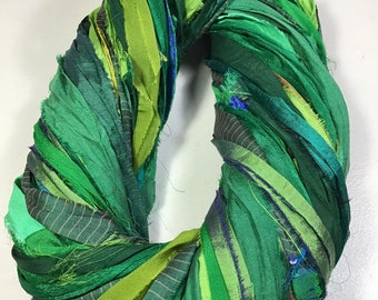 Recycled Sari Silk Ribbon Multishaded Greens Tassel Supply Free Shipping Fiber Bead Dreamcatcher Journal Garland Fair Trade Fiber Art Supply