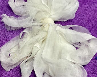 10 Yd  White Chiffon Sari Silk Ribbon Tassel Junk Journal Fiber Beads Dreamcatcher Garland Fair Trade Wedding Theater Costume Supply