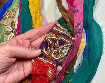 Discounted Embroidered Chiffon 893 Printed Recycled Sari Silk Ribbon Shabby Chic Tassel Boho Junk Journal Weave Fiber Art