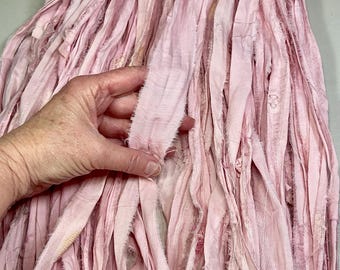 10 yd Recycled Sari Ribbon Pale Pink Tassel Shabby Chic Junk Journal Dreamcatcher Fiber Art Supply