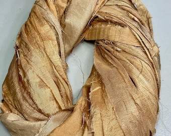 Recycled Sari Silk Ribbon Golden Orange Junk Journal Tassel  Jewelry Dreamcatcher Garland Fair Trade Fiber Art Supply