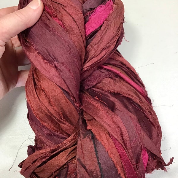 Recycled Sari Silk Ribbon Brown w/Burgundy Mix Tassel Jewelry Free Shipping Dreamcatcher Craft Ribbon Fair Trade Crochet Fiber Art Supply