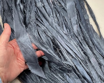 10 yd Recycled Sari Silk Ribbon Charcoal Gray Tassel Boho Junk Journal Dreamcatcher Free Shipping Dreamcatcher Jewelry Felt Fiber Art Supply