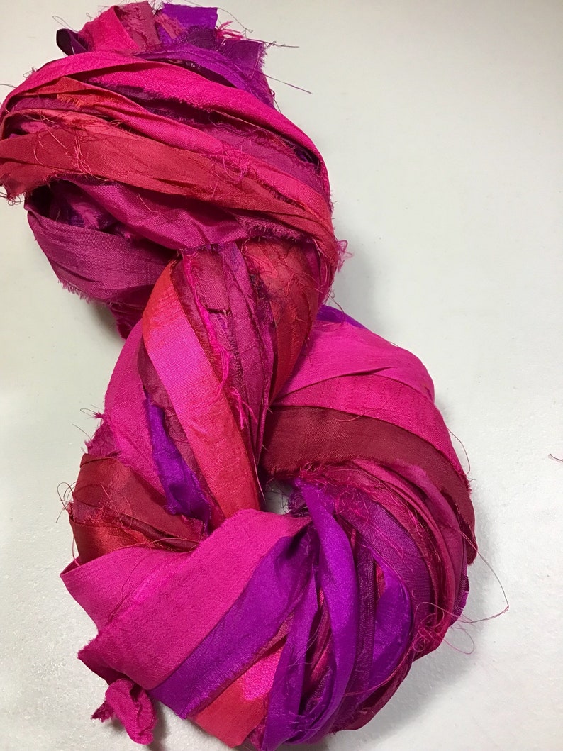 Recycled Sari Silk Ribbon Pinks and Berry Tassels Dreamcatcher Journal Craft Ribbon Jewelry Garland Fair Trade Fiber Art Felt Supply image 5
