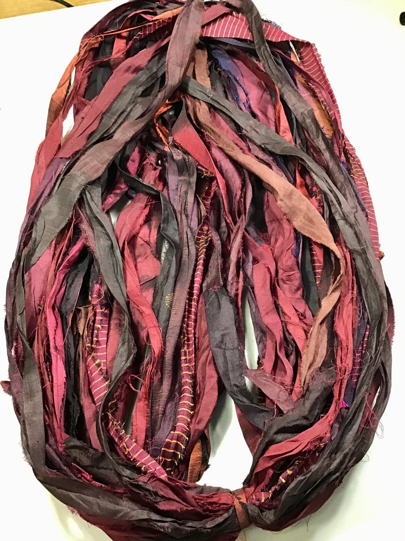 10 yd Sari Silk Ribbon Rustic Burgundy Brown Mix Tassel Dreamcatcher Free Shipping Jewelry Fair Trade Fiber Art Supply