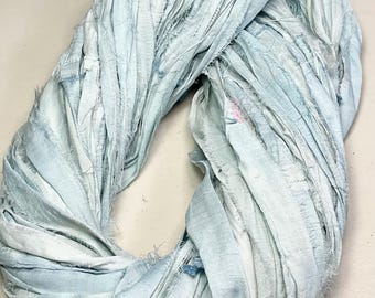Recycled Sari Silk Ribbon Light Blue Baby Blue Jewelry Tassel Boho Journal Fiber Bead Dreamcatcher Fair Trade Felt Fiber Art Supply