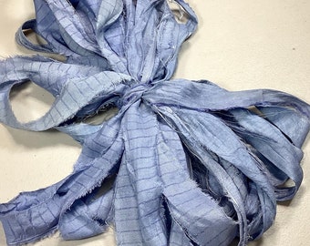 10 yd Recycled Sari Silk Ribbon Denim Blue Slight Pattern Tassels Dreamcatcher  Boho Junk Journal Free Shipping Fair Trade Fiber Art Supply