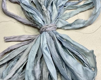 10 yd  Recycled Sari Ribbon Light Grey Blue Jewelry Boho Junk  Journal Tassel Dreamcatcher Fair Trade Fiber Art Supply