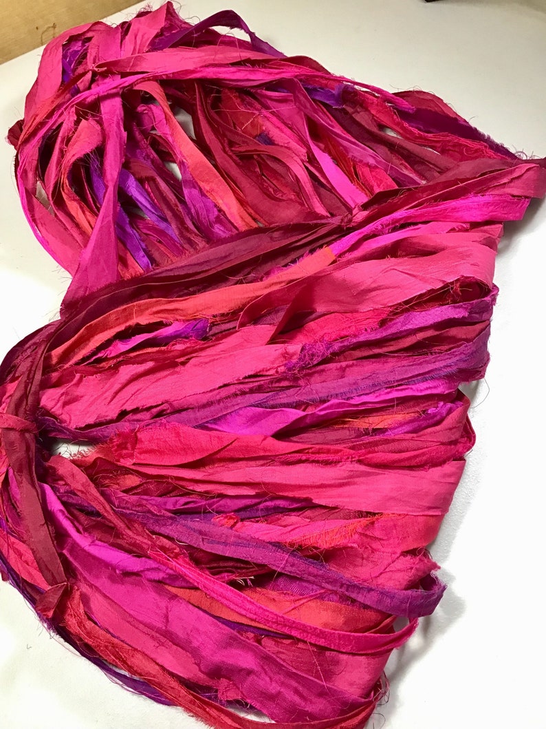 Recycled Sari Silk Ribbon Pinks and Berry Tassels Dreamcatcher Journal Craft Ribbon Jewelry Garland Fair Trade Fiber Art Felt Supply image 9