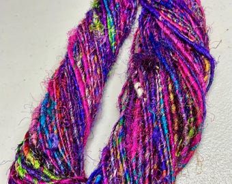 Recycled Sari Silk Yarn  Purple Tassel Boho Journal Dreamcatcher Jewelry Garland Supply Fiber Weave  Felting Supply