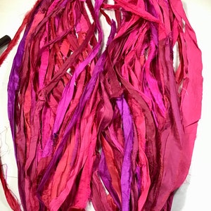 Recycled Sari Silk Ribbon Pinks and Berry Tassels Dreamcatcher Journal Craft Ribbon Jewelry Garland Fair Trade Fiber Art Felt Supply image 6