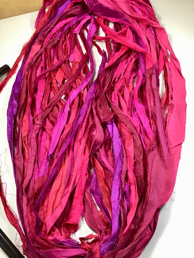 Recycled Sari Silk Ribbon Pinks and Berry Tassels Dreamcatcher Journal Craft Ribbon Jewelry Garland Fair Trade Fiber Art Felt Supply image 6