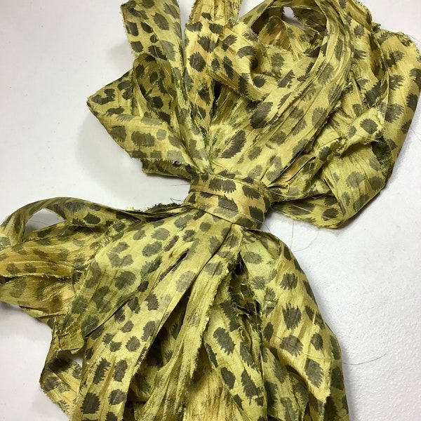 10 yd Recycled Sari Silk Ribbon Hand Block Yellow Leopard Print Tassel Bow Craft Ribbon Jewelry Fair Trade Fiber Art Supply