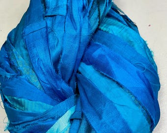 Recycled 724 Sari Ribbon Turquoise Blue Shades Tassel  Boho Junk Journal Fiber Bead Supply Dreamcatcher Jewelry Fair Trade Fiber Art