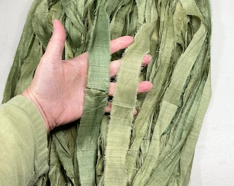 10 yd Recycled Sari Silk Ribbon Sage Green Tassel Supply Boho Junk Journal Jewelry Fair Trade Felt Fiber Art Supply