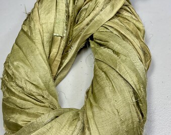 Lovely Recycled Sari Ribbon Light Olive Green Tassel Boho Junk Journal Dreamcatcher Supply Jewelry Fair Trade Felt Fiber Art Supply