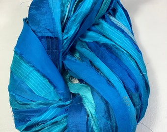 Sari Silk Ribbon Multi Shaded Turquoise Jewelry Tassel Junk Journal Dreamcatcher Free Shipping Fair Trade Felt Fiber Art Supply