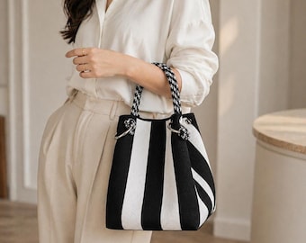 Sac Seau Tricoté Fait Main Noir Blanc | Sac à Main Rétro Coton | Bohème Vintage | Cadeau Mode Unisexe | Sac Crochet Tendance