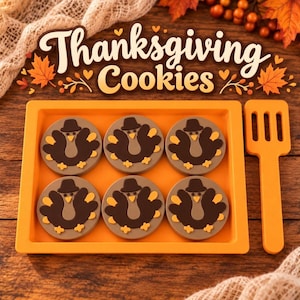Puede incluir: Seis galletas redondas decoradas con formas de pavo marrón con sombreros de color marrón oscuro, dispuestas en una bandeja rectangular naranja junto a una espátula ranurada naranja. El texto "Thanksgiving Cookies" aparece arriba con hojas de otoño.