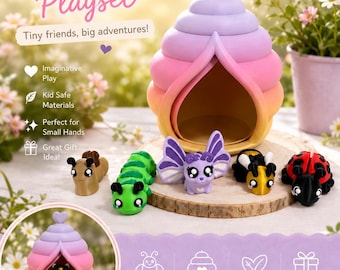 May include: A Bug Buddies Playset featuring a gradient-colored hive with a heart topper and five small insect figures: a brown slug, a green caterpillar, a purple butterfly, a yellow and black bee, and a red and black ladybug.