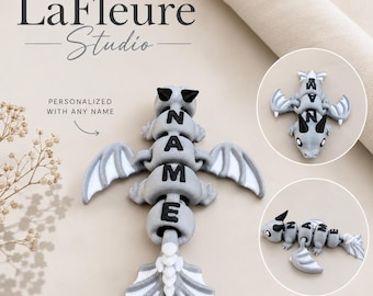 May include: A gray and white articulated dragon toy featuring black horns and the text NAME printed on its segmented body. The dragon has wings and a tail, with additional circular inset views showing the toy from different angles.