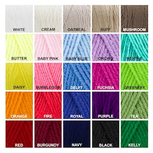 May include: A color chart of yarn with 25 different colors, including white, cream, oatmeal, buff, mushroom, butter, baby pink, baby blue, orchid, menthe, daisy, bubblegum, delft, fuchsia, greenery, orange, fire, royal, purple, tea, red, burgundy, navy, black, and kelly.
