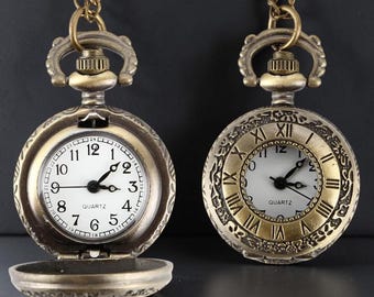 Vintage Pocket Watch Necklace, Roman Numeral Quartz Dual Time Pendant Chain