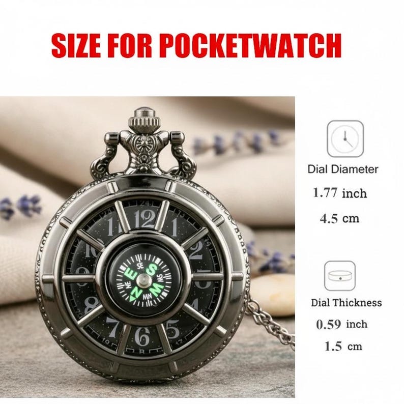 Compass Watch Arab Vintage Black Compass Pocket Watch Necklace, Quartz Arabic Numerals ...
