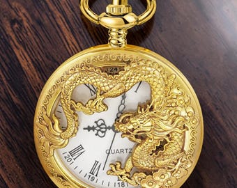 Collar con colgante de reloj de bolsillo Dragón Dorado: Cadena con colgante de cuarzo digital de estilo antiguo