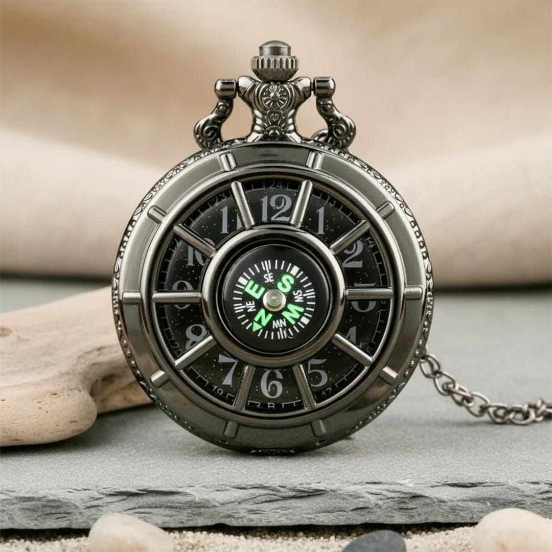 Compass Watch Arab Vintage Black Compass Pocket Watch Necklace, Quartz Arabic Numerals ...